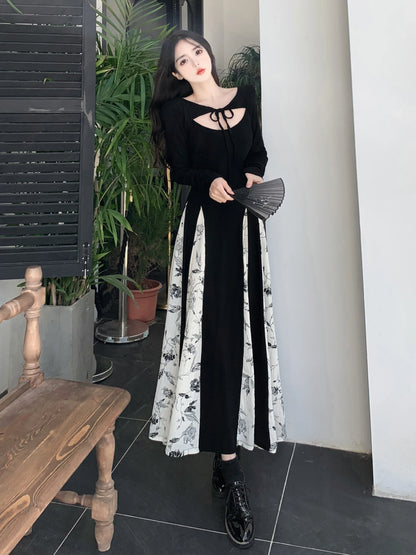 lovwvol Vintage Knitted Patchwork Floral Dress Irregular Design Sense Hepburn Wind Sweet Fashion Slim Summer New Black Long Dresses