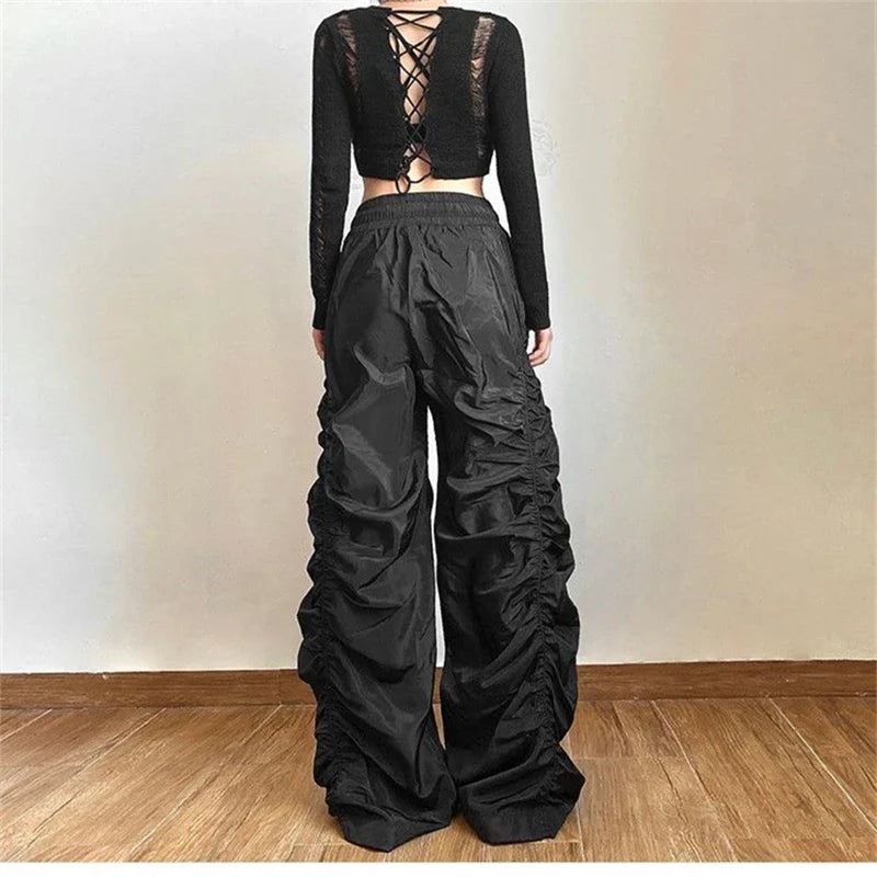 lovwvol Women's Pleated Design Elastic Waisted Wide Leg Black Pants Young Girl Summer Bottoms Female Straight High Waisted Thin Trousers