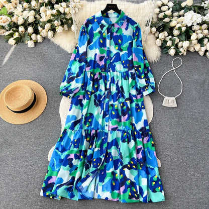 Fragment Flower Dress Women's French Lazy Style Relaxed Long Sleeve Lapel Single Breasted Dresses Girl's Holiday Shop Long Dress