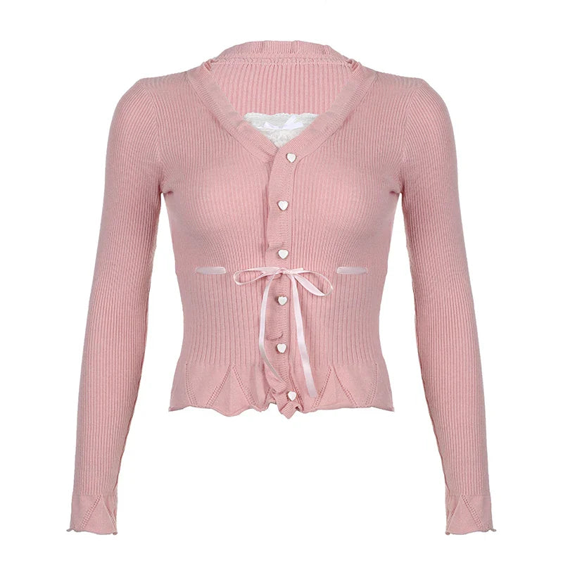 lovwvol Sweet Coquette Pink Knitted Sweater Jumper Lace Patched Buttons Korean Knitted Pullover Autumn Cutecore Shirring New