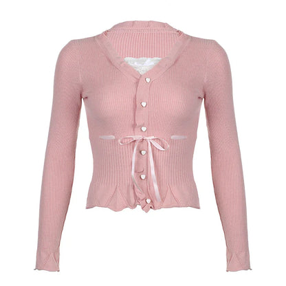 lovwvol Sweet Coquette Pink Knitted Sweater Jumper Lace Patched Buttons Korean Knitted Pullover Autumn Cutecore Shirring New