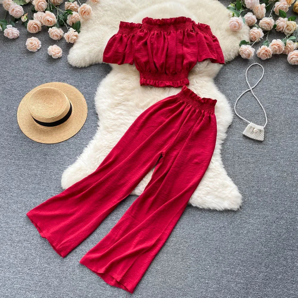 2024 Summer Green/Black/Red Two Piece Set Women Sexy Slash Neck Short Tops + High Waist Wide Leg Pants Female Suit New