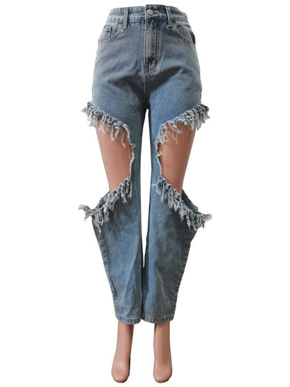 Light Blue Ripped Baggy Jeans Women Sexy Tassels Patchwork Mid Waist Denim Trousers Summer 2023 Female Bottoms Streetwear