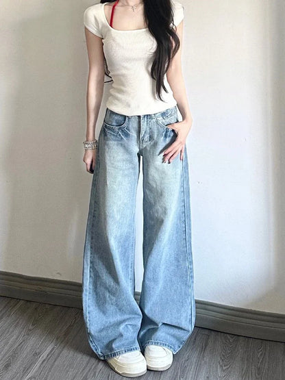 lovwvol Women's Fashionable High Waisted Wide Leg Thin Jeans Sweet Girl Simple Bottoms Vintage Baggy Trousers Female Denim Straight Pant