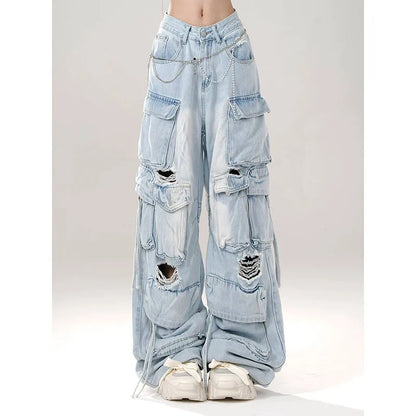 lovwvol Women Blue Pocket Baggy Cargo Jeans Harajuku Streetwear 90s Y2k Oversize Denim Trousers Vintage 2000s Style Trashy Jean Pants