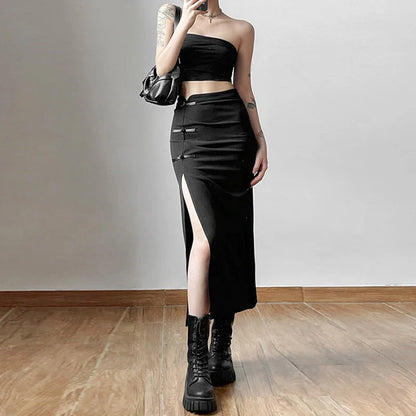 Streetwear Black Y2k Cargo Midi Skirts Grunge Gothic Split Sexy High Waist Skirt For Women Korean Fashion Fall Bottoms