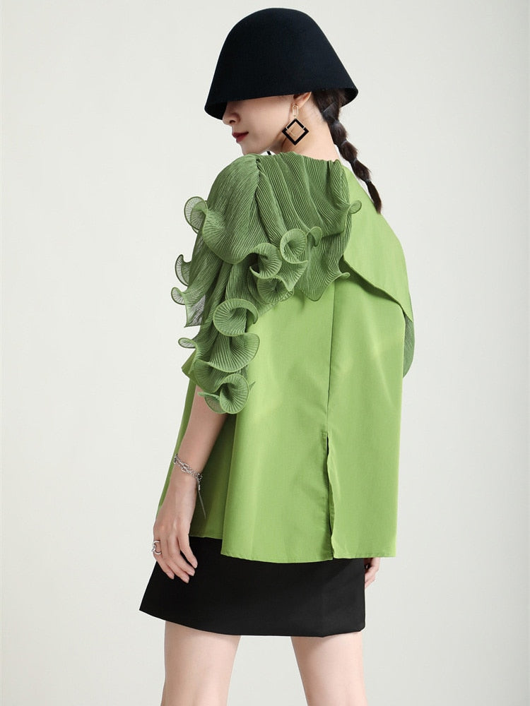 Women Green Irregular Ruffles Big Size Blouse New Lapel Short Sleeve Loose Fit Shirt Fashion Spring Summer 2023