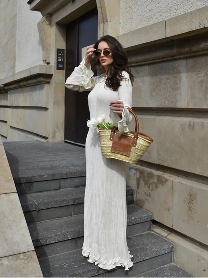 lovwvol Fashion Solid Ruffles Pleated Loose Long Dress Women Elegant Round Neck Flare Long Sleeves Maxi Dresses Lady High Street Wear