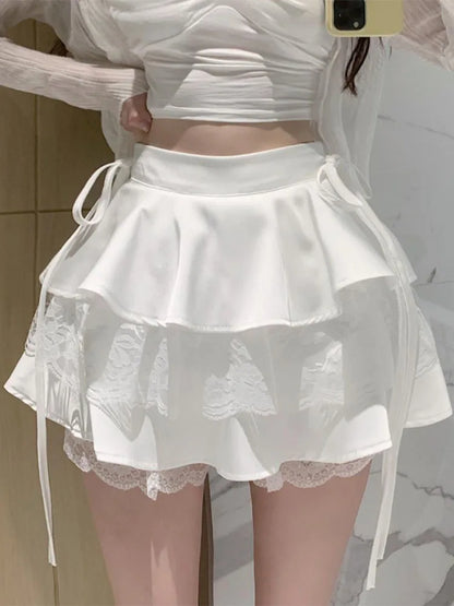 Kawaii White Ruffle Mini Skirt Women Summer High Waist Bandage Fairycore Lace Double-layer Skirt Korean Fashion Cute Sexy Skirts