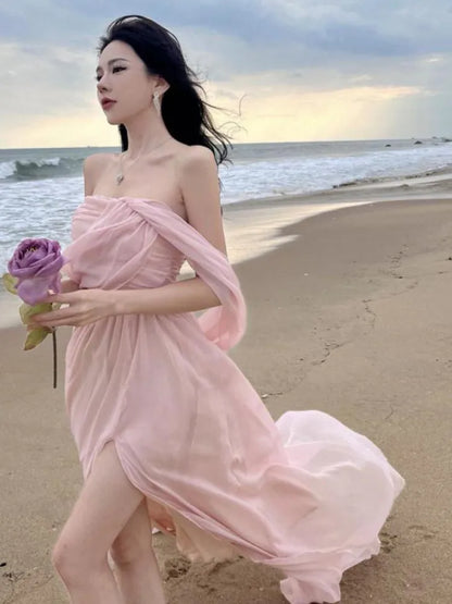 lovwvol Summer Pink Elegant Pleated High Waist Split Long Dress Women Fashion Backless Halter Strapless Fairy Dress Female 2024 Vestido