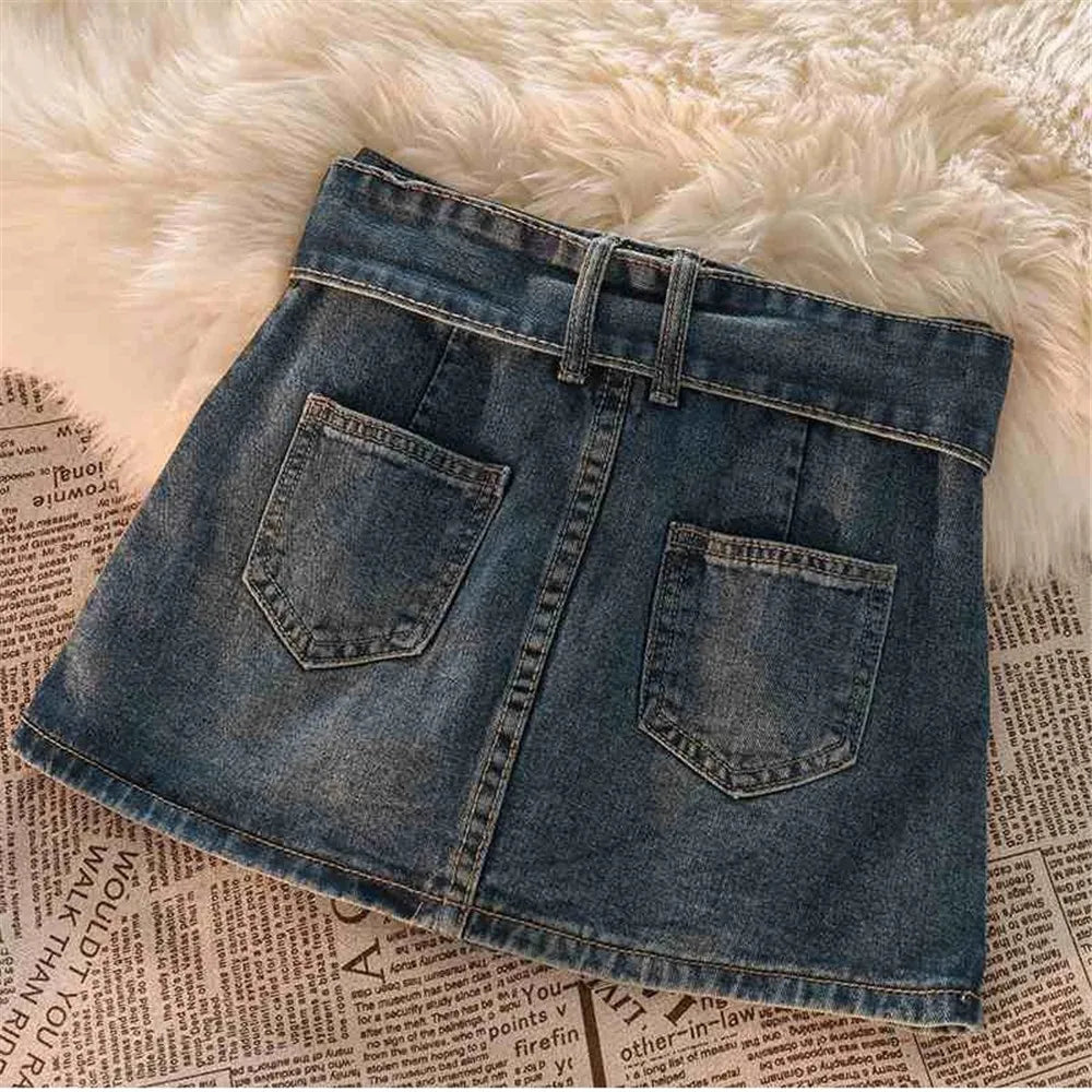 lovwvol  -  Denim Mini Skirts Vintage Women Summer Y2K Solid Belt Sexy Jeans Skirts Female Casual Ball Gown Korean Slim A Line Street Skirts