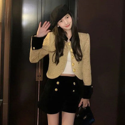 Women's Tweed Cropped Jackets Elegant Pink Single-Breasted Short Coat Ladies Korean Fashion Slim Small Fragrant Outwear