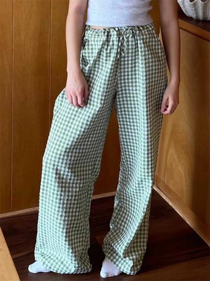 lovwvol Women Wide Leg Pants Loose Casual Elastic Waist Plaid Print Trousers with Pockets for Summer Streetwear 2024 Bottoms