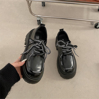 INS Derby Shoes Women Retro Genuine Cow Leather Lace Up Thick Sole Shoes Design Round Toe Platform Flats Shoes Female Handmade