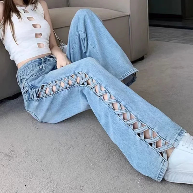 lovwvol Women's Side Hollowed Out Design Blue Jeans Streetwear Denim Trousers Vintage Female Fashion Baggy Pants Street Clothes