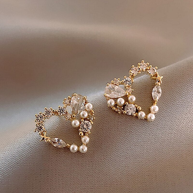 New Korean Style Contracted Heart Pearl Earrings For Women Sweet Flower Zircon Geometric Stud Earring Girl Party Jewelry