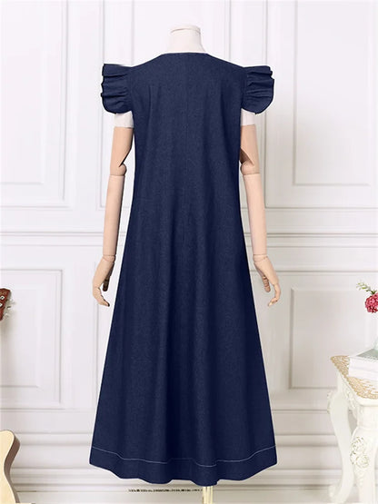 lovwvol Vintage Blue Denim Dress Women Summer Sleeveless V Neck Long Dresses Female Oversized Loose Casual Simple Vacation Maxi Dress