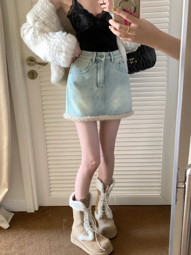 lovwvol  -  Spring and Autumn Hairy Splicing Denim Skirt Spicy Girl New Fashion Punk Style Plush High Waist Slimming Short Skirts for Women