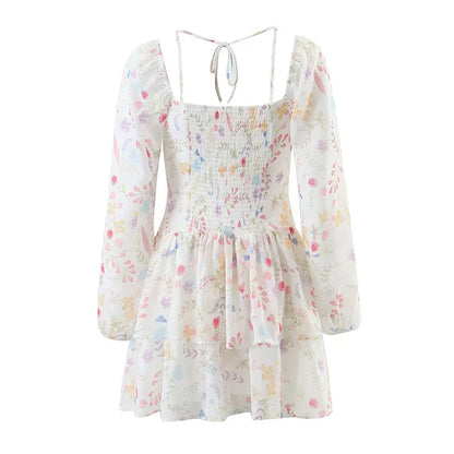 lovwvol Spring 2024 Sweet Women Floral Print Chiffon Dresses Long Sleeve Square Neck Female Holiday Party Mini Dress Summer Robe