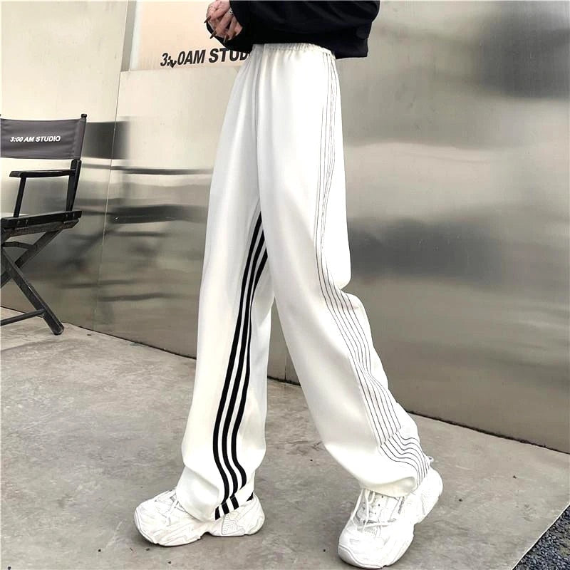 Striped Joggers Sweatpants Women Streetwear High Waist Casual Wide Leg Pants Korean Loose Drawstring Sports Trousers New