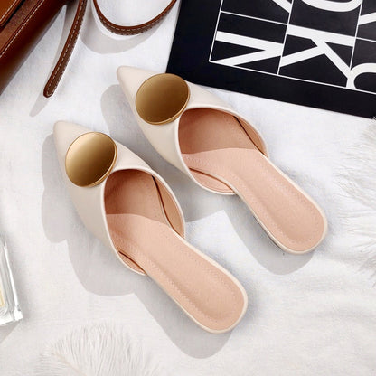 lovwvol 2023 summer new fashion outdoor slippers women Korean edition pointed leather flat black Moeller shoe history free delivery