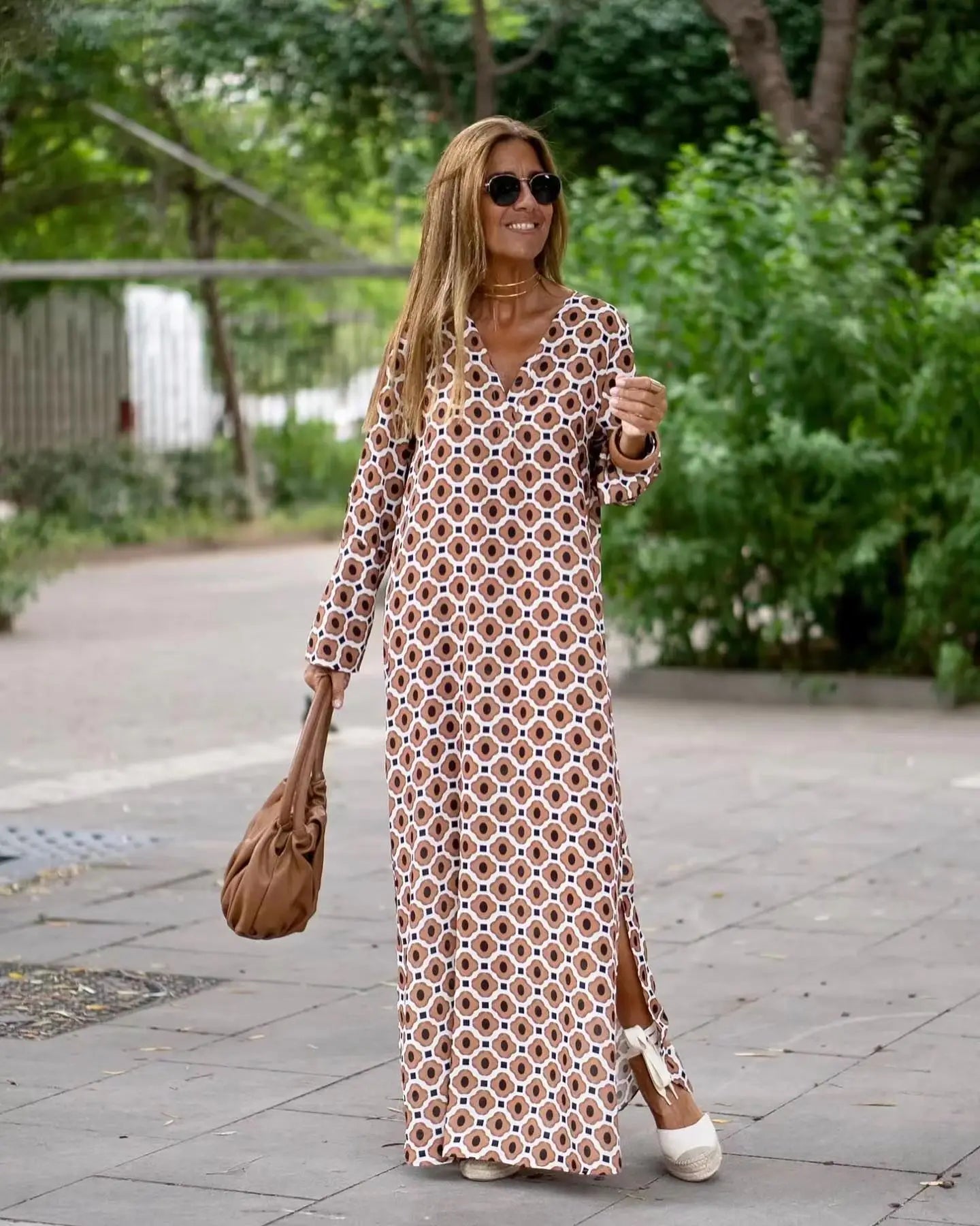 lovwvol Vintage Print Maxi Dress Women Loose V-neck Long Sleeve A-line Dresses  Autumn Lady Streetwear Robe Elegant Female Vestidos