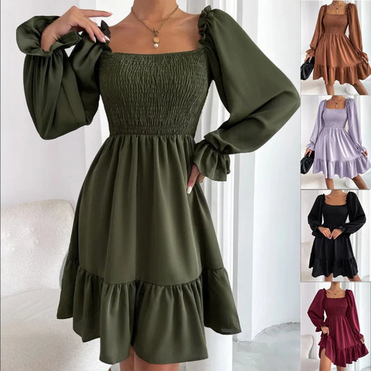 Square Neck Shirred Bodice Flounce Sleeve Ruffle Hem Dress Dresses