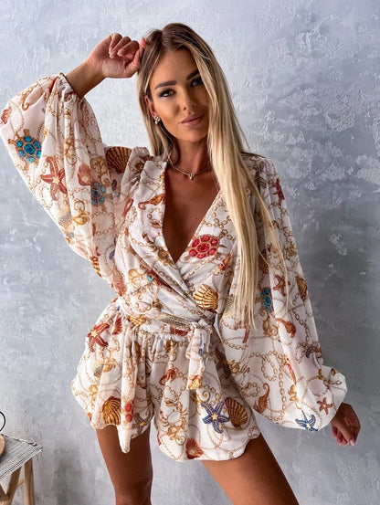 lovwvol  -  Sexy Deep V Neck Jumpsuit For Women Summer Casual Boho Beach Vacation Outfit Female Fashion Print Lantern Sleeve Rompers Shorts