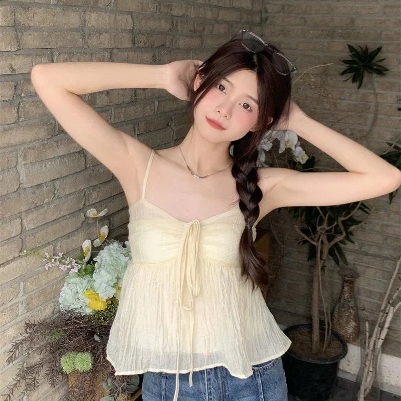 lovwvol Sweet Camis Tops Women Korean Fashion Kawaii Off Shoulder All Match Tanks Bowknot Lace Up Elegant Sleeveless T Shirt New