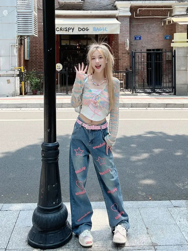 lovwvol Letter Embroidery High Waisted Jeans Woman High Street Vintage Harajuku Baggy Jeans Women Clothing Wide Leg Women Jeans Pants