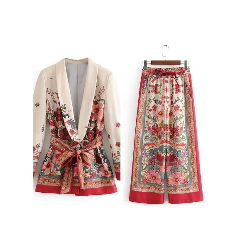 lovwvol  -  Retro Flower Printed Blazer Suits For Women Spring OL Casual Long Sleeve Jacket Wide-Leg Pants Female Trendy 2 Piece Sets Outfit