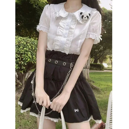 lovwvol Kawaii Lolita Blouses White Women Cute Lace Tops Ruffle Shirts Vintage Puff Sleeve Japanese Preppy Style Sweet Tops