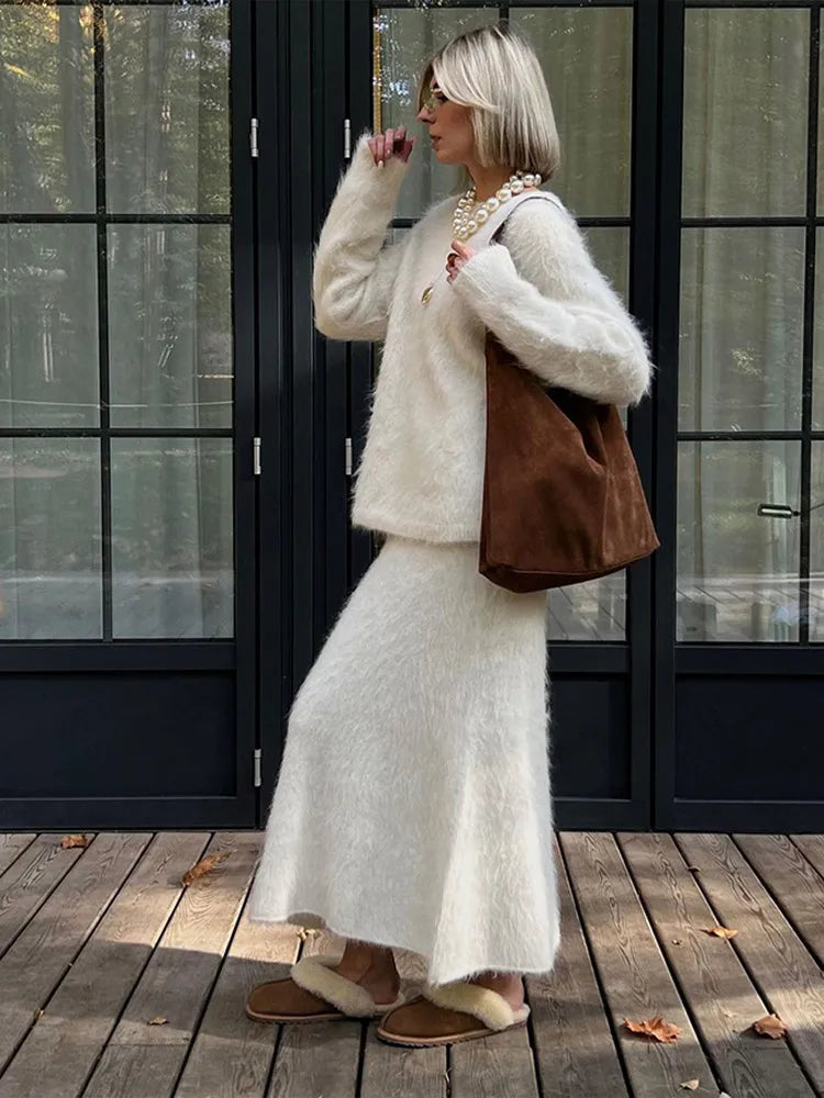 lovwvol  -  Women Elegant Solid Mohair Skirt Outfits Autumn Knit O Neck Pullover Sweater 2 Piece Sets Female Loose Long Skirts Commute Suits