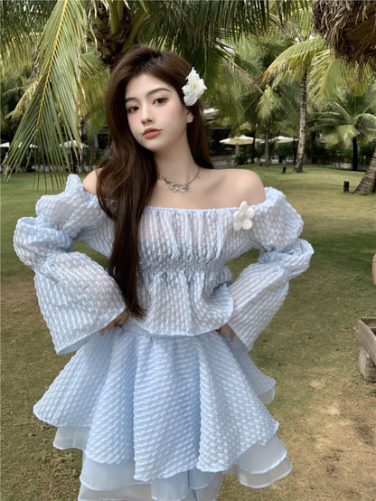 New Summer Korean Sweet Two Piece Set Women Short Shirt Blouse Crop Top + Mesh Cake Skirt Suits Fashion Fairy 2 Piece Suits