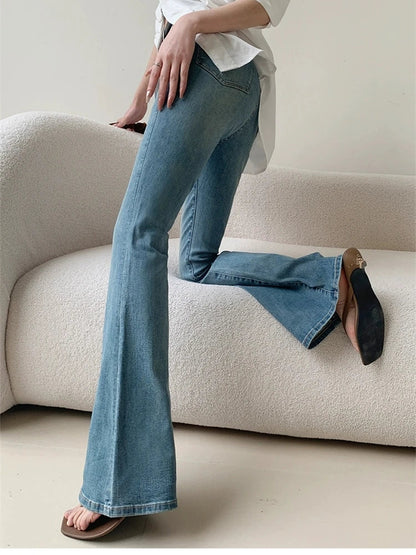 lovwvol Women's Sexy Retro Micro Bell-bottom Jeans Cool Girl High Waisted Wash Blue Skinny Pant Female Elastic Thin Denim Flare Trousers