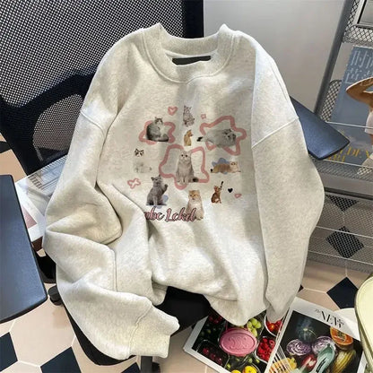 lovwvol  -  Kawaii Cat Print O-Neck Sweatshirt For Women Casual Women clothing Autumn And Winter Oversized hoodies Harajuku plush top