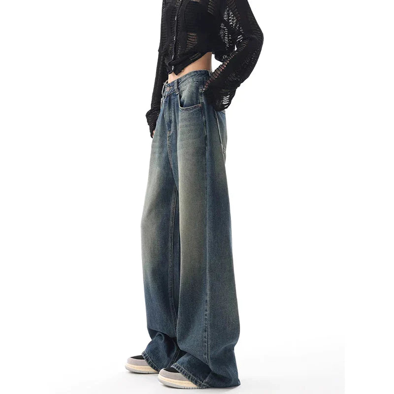 lovwvol - Streetwear Style Blue Straight Jeans Vintage High Waist Full Length Pants Women Korean Style Wide Leg Baggy Y2K Denim Trouser