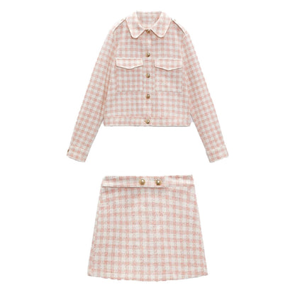 ZA spring new sweet girl pink checkerboard pattern suit jacket + temperament high waist checkerboard pattern casual shorts