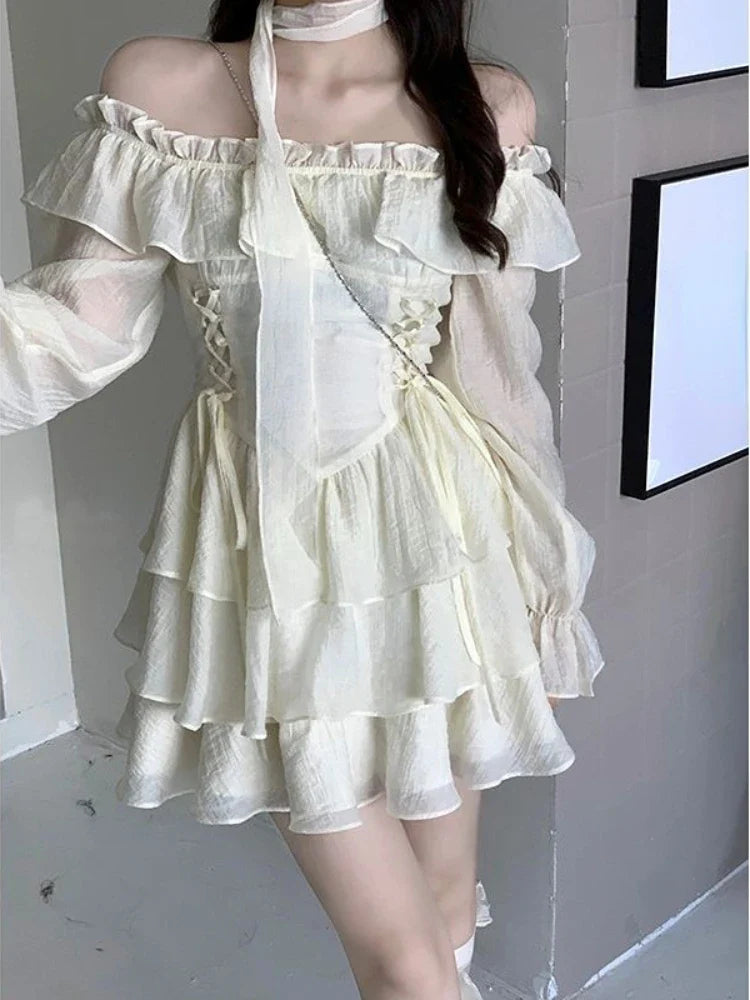 lovwvol Long Sleeve Elegant Mini Dress Lolita Pure Color Short Party Dress Woman Casual