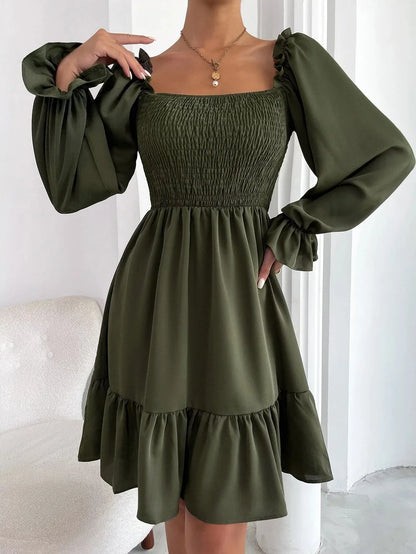 Square Neck Shirred Bodice Flounce Sleeve Ruffle Hem Dress Dresses