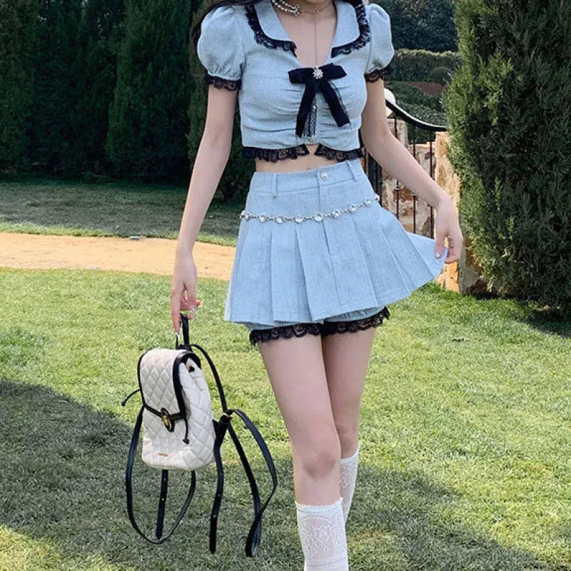 lovwvol Korea Summer Sweet Two Piece Mini Skirts Sets Kawaii Lolita Peter Pan Collar Bow Crop Top + Mini Skirt Suit Blue Outfit Outwear