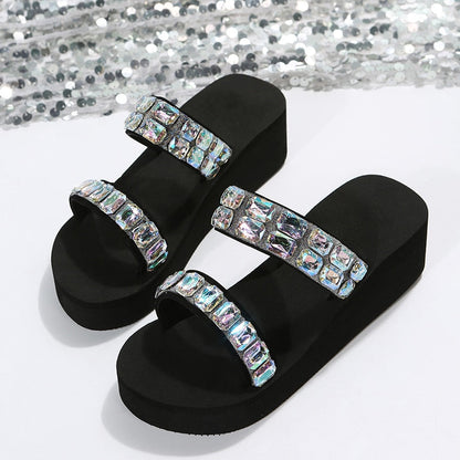 Shiny Crystal Wedges Slippers Women Summer 2023 Thick Soled Beach Sandals Woman Outdoor Slides Plus Size 42 Platform Flip Flops