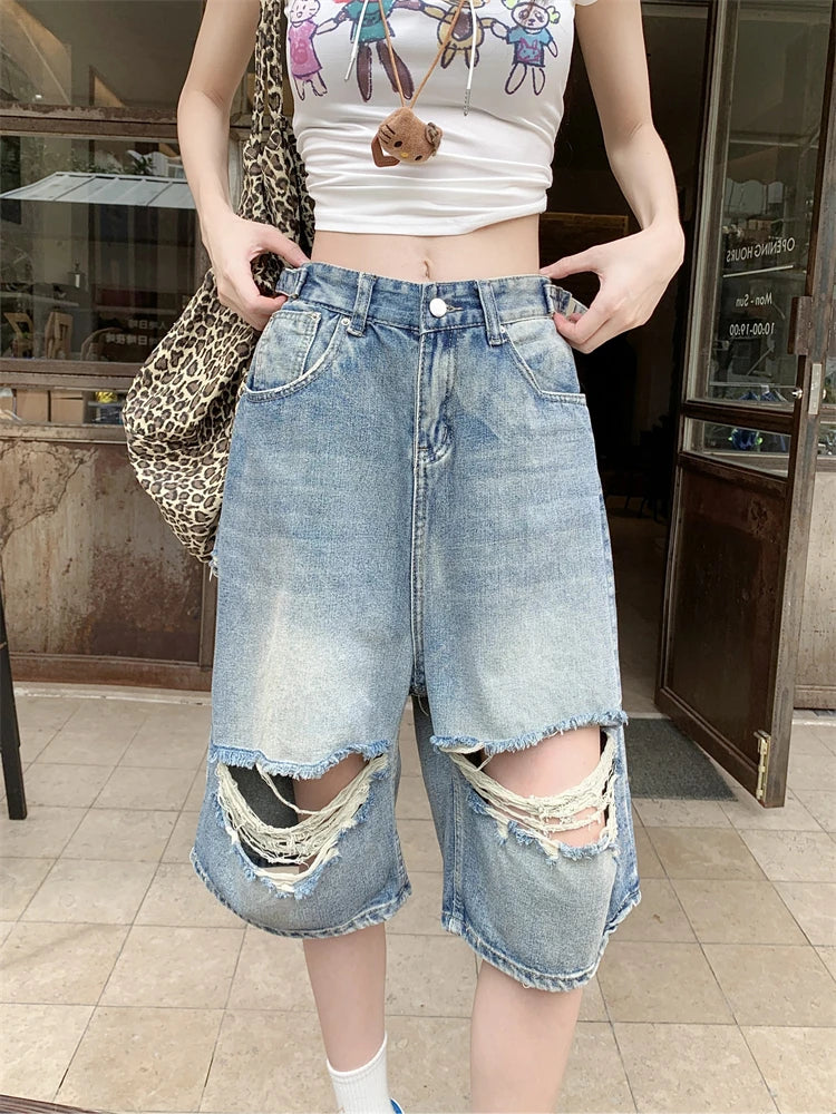 lovwvol Women's Big Hole Design Blue Denim Shorts Summer Bottoms Wide Leg Capris Female High Waist Straight Knee-length Pants