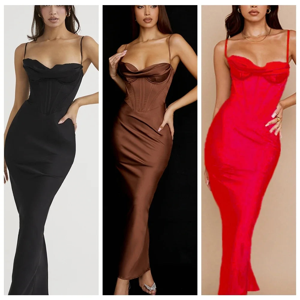 lovwvol Summer Satin Maxi Bodycon Dress Sexy Event Night Wedding Guest Dress Women Corset Party Dresses Pink Slit Dress High Quality