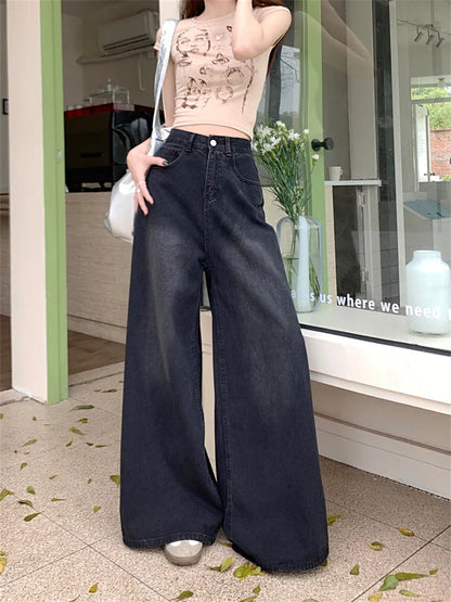 lovwvol Women's High Waisted Loose Wide Leg Pants Retro Black Jeans American Style Bottoms Casual Female Thin Denim Trousers 4XL