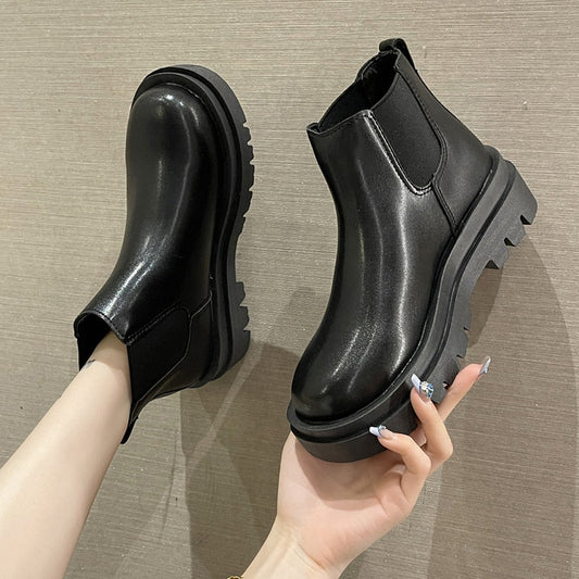 Black White Platform Chelsea Boots for Women 2023 Autumn Thick Bottom Pu Leather Ankle Boots Woman Slip On Short Botas Shoes