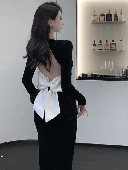 Sexy Backless Bow Design Black Velvet Dress Women Bodycon High Split New  Spring Autumn Prom Evening Party Dresses Vestidos