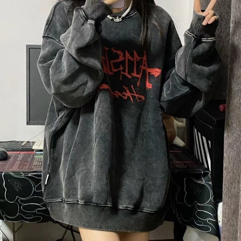 Emo Gothic Print Oversized Sweatshirts Women Harajuku Vintage Loose Hoodies Long Sleeve Crewneck Pullovers Female Tops