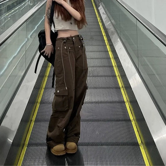 lovwvol   Y2k Vintage Cargo Pants Women Brown Streetwear Baddies Pocket baggy Trousers Oversized Retro Korean Fashion 90s Aesthetic