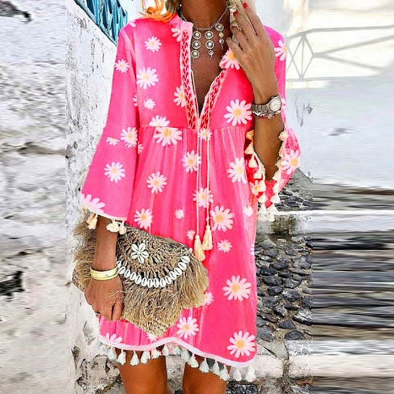 Women Vintage Print V Neck Tassel Mini Dress Casual Loose Three Quarter Sleeve Beach Dress  Spring Summer Party Dress Femme